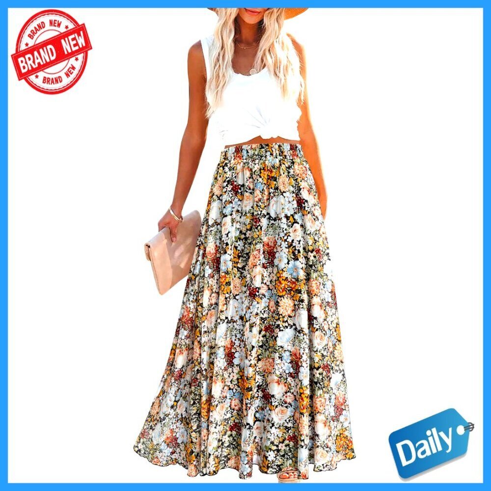 Chiffon Maxi Skirt Floral Print Elastic Waist Beach Coverup Boho Style
